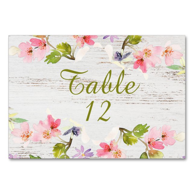 Rustic Pink Florals on White Wood Reserved Table Number (Front)