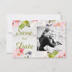 Rustic Pink Florals on White Wood Save The Date