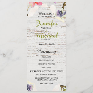 Rustic Pink Florals on White Wood Wedding Program