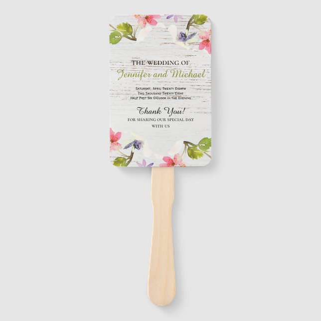 Rustic Pink Florals on White Wood Wedding Program Hand Fan (Front)