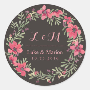 Rustic Pink Flower Wreath Monogram Wedding Sticker