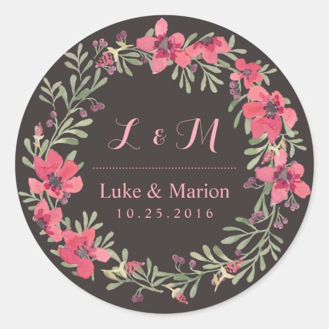 Rustic Pink Flower Wreath Monogram Wedding Sticker (Front)