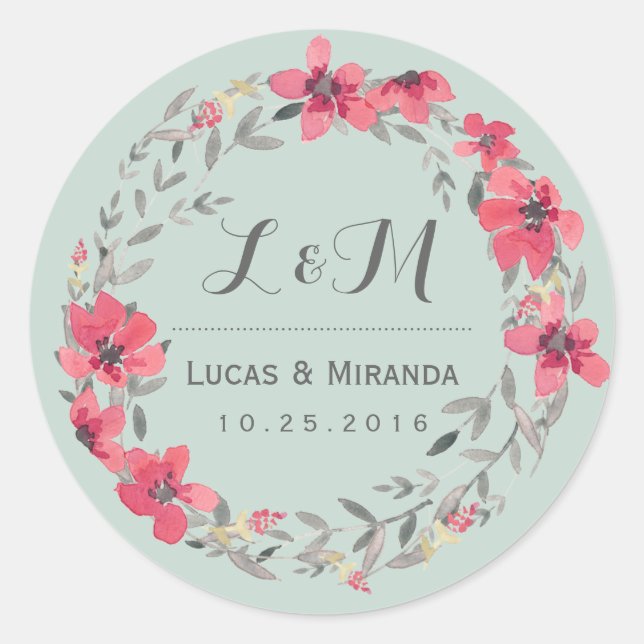 Rustic Pink Flower Wreath Wedding Favour Sticker (Front)