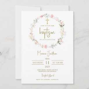 Rustic Pink Flowers Baptism Text Invitation
