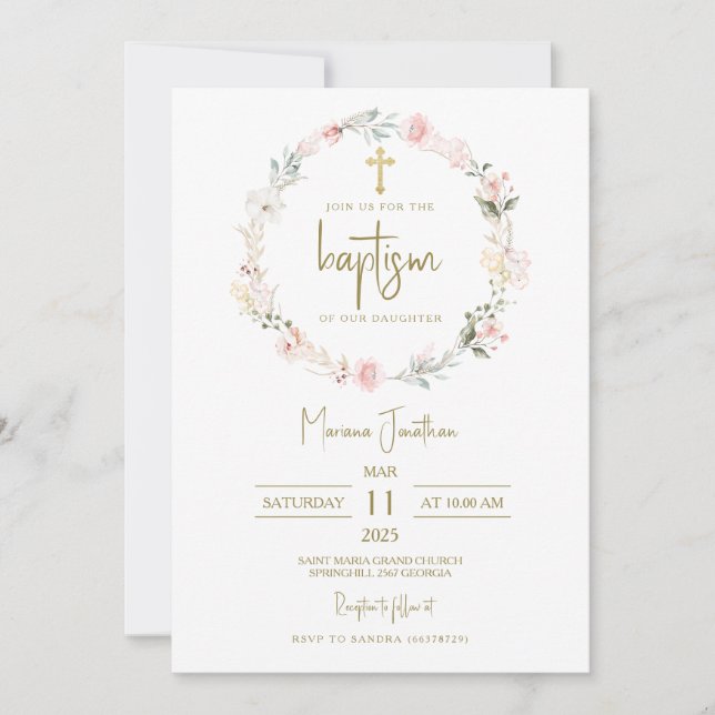 Rustic Pink Flowers Baptism Text Invitation (Front)