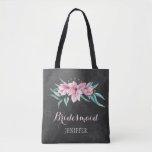 Rustic pink flowers chalkboard wedding bridesmaid tote bag<br><div class="desc">Rustic elegant spring or summer wedding stylish bridesmaid / maid of honour / flower girl tote bag on dark grey chalkboard featuring beautiful pink watercolor magnolias bouquets with mint green eucalyptus foliage. Personalize it with bridesmaid's name on the front and with bride's and groom's names and wedding date on the...</div>