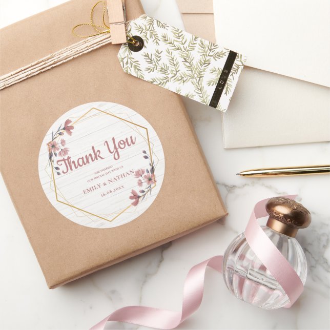 Rustic Pink Flowers Gold Border Thank You Wedding  Classic Round Sticker (Gifting)