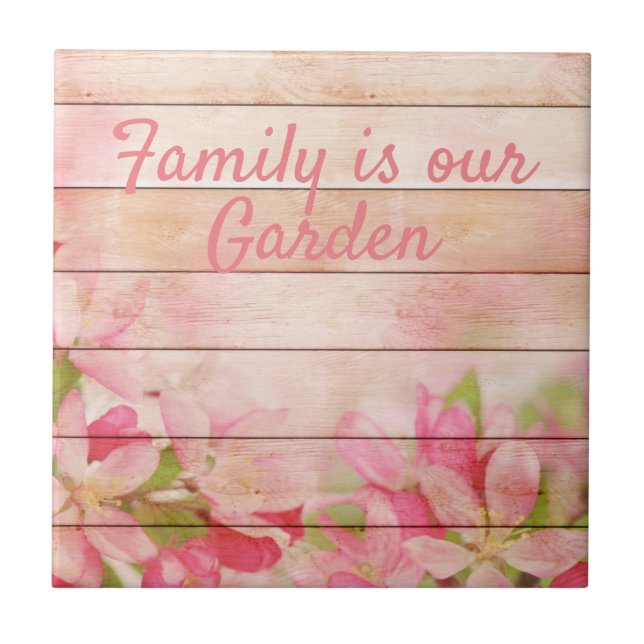 Rustic Pink Flowers on Wood Tile (Front)