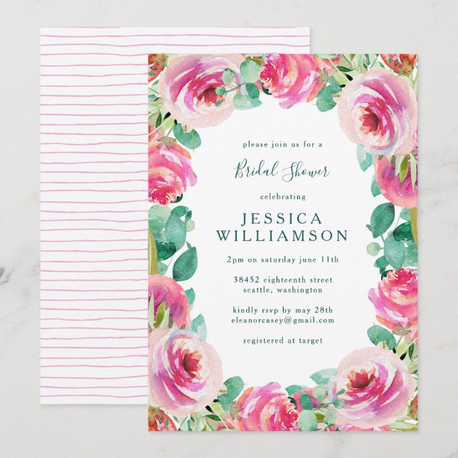 Rustic Pink Garden Roses Floral Bridal Shower Invitation (Front/Back)