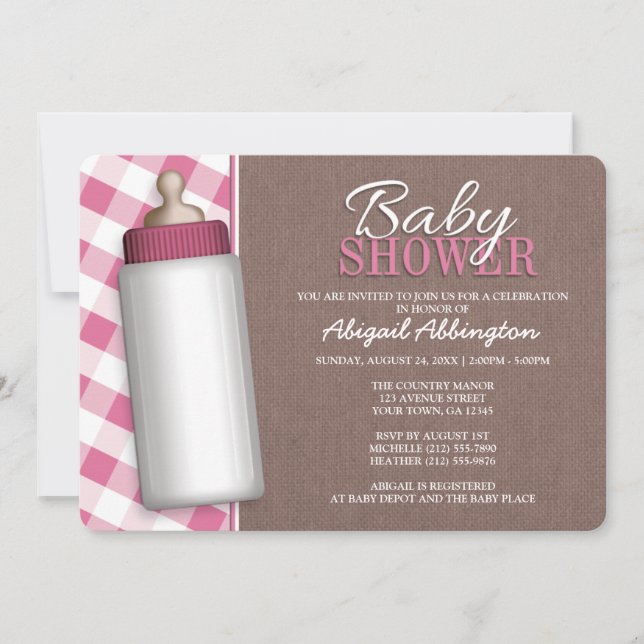 Rustic Pink Gingham Baby Bottle Baby Shower Invite (Front)