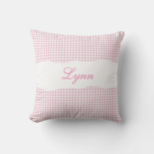 Rustic Pink Gingham Personalized Name Throw Pillow