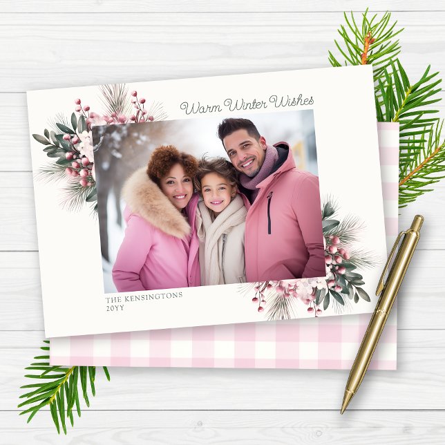 Rustic Pink Gingham Plaid Floral Holiday Photo Card (Rustic Pink Gingham Plaid Floral Holiday Photo Cards)