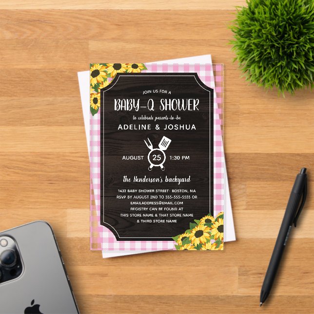 Rustic Pink Gingham Sunflowers Girl Baby-Q Shower Acrylic Invitations (Insitu (Invitation Card))