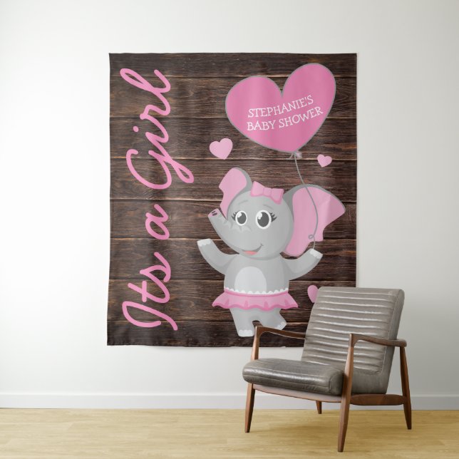 Rustic Pink Girl Elephant Baby Shower Backdrop Tapestry (In Situ)