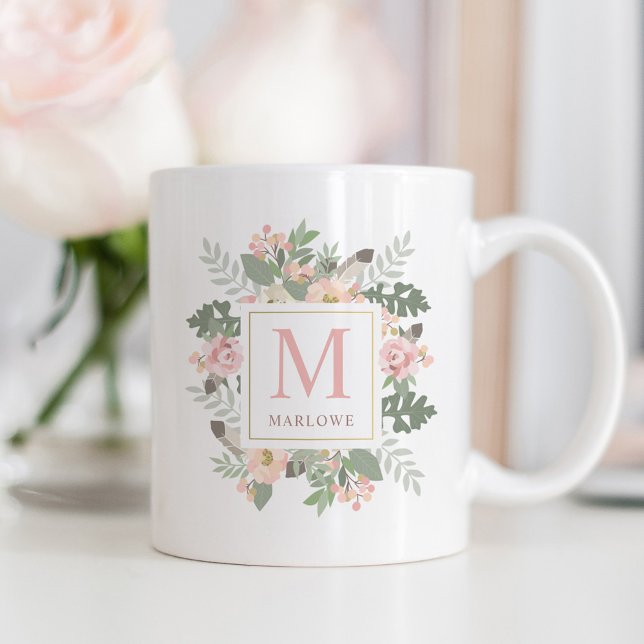 Rustic Pink Gold Floral Boho Monogram Coffee Mug (Creator Uploaded)