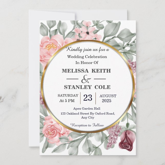Rustic Pink & Gold Frame Floral Greenery Wedding Invitation (Front)