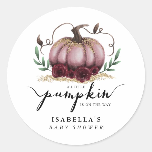 Rustic Pink Gold Pumpkin Baby Shower Favour Classic Round Sticker (Front)