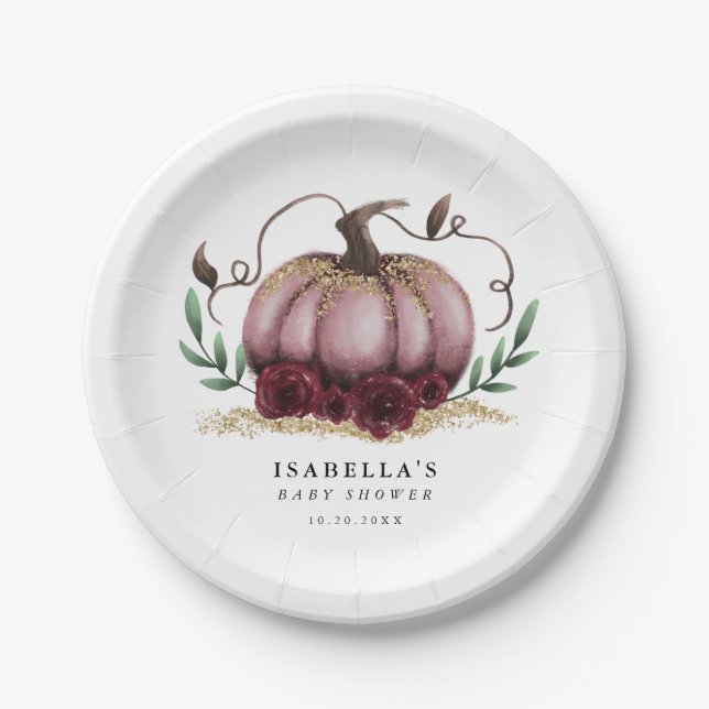 Rustic Pink Gold Pumpkin Baby Shower Paper Plate (Front)