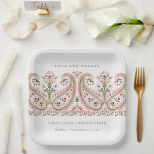 Rustic Pink Green Floral Paisley Motif Wedding Paper Plate