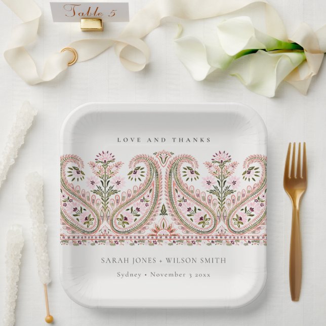 Rustic Pink Green Floral Paisley Motif Wedding Paper Plate (Wedding)