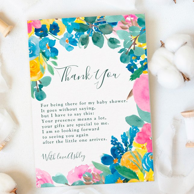 Rustic pink green summer floral baby shower thank you card (Creator Uploaded)