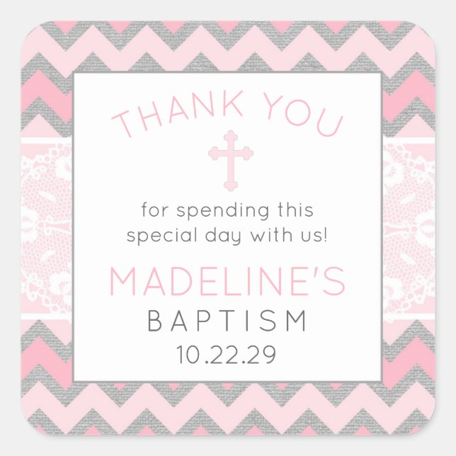 Rustic Pink Grey Baptism thank you favour sticker (Front)