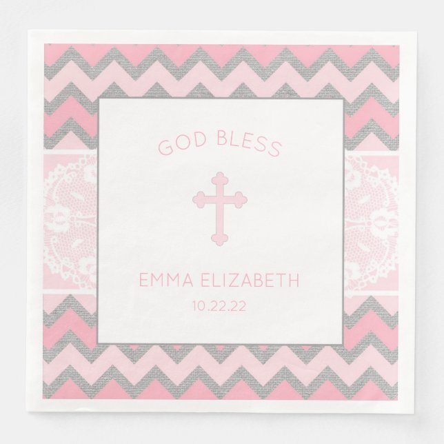 Rustic Pink Grey Girl Baptism Christening Napkin (Front)
