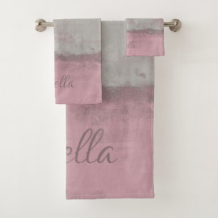 Rustic Pink Grey Mallow Abstract Art Nr42 Monogram Bath Towel Set