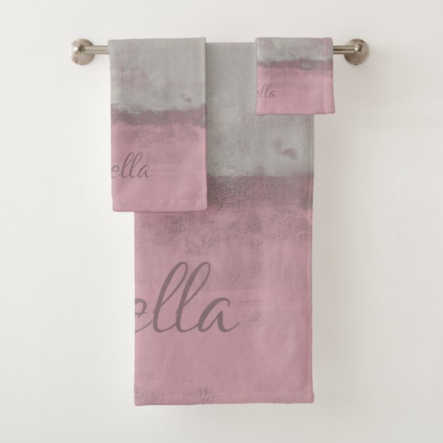 Rustic Pink Grey Mallow Abstract Art Nr42 Monogram Bath Towel Set (Insitu)
