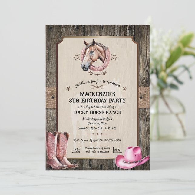Rustic Pink Horseback Riding Birthday Party Invitation (Standing Front)