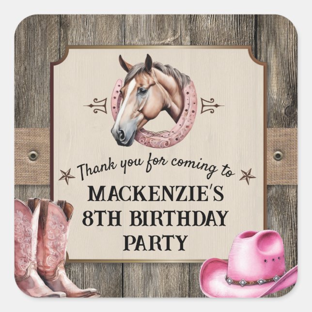 Rustic Pink Horseback Riding Birthday Party Square Sticker (Front)