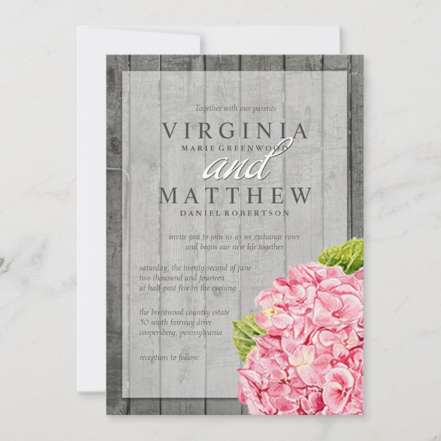 RUSTIC PINK HYDRANGEAS WEDDING INVITATION (Front)
