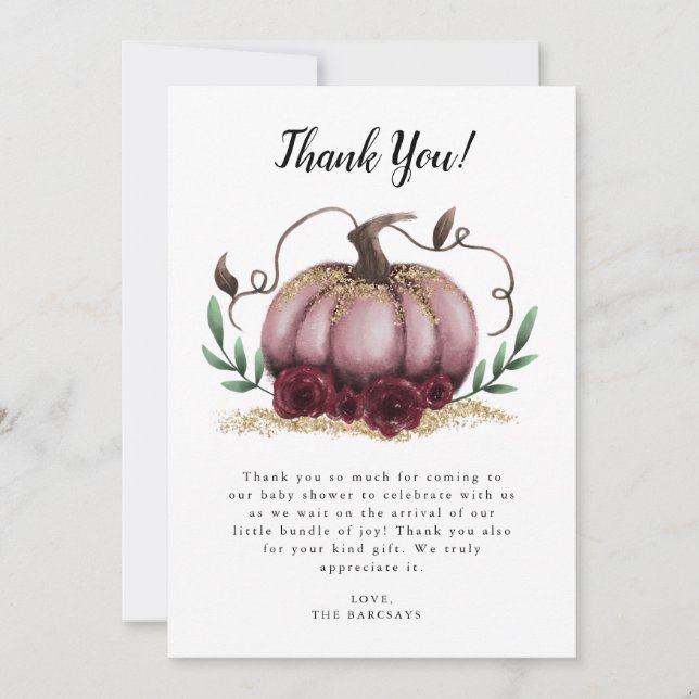 Rustic Pink Little Pumpkin Baby Shower Thank You Card (Front)