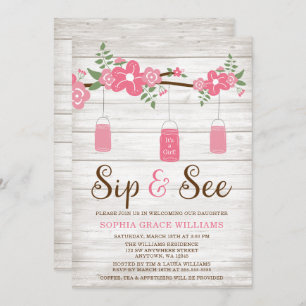 Rustic Pink Mason Jar Girl Sip and See Invitations