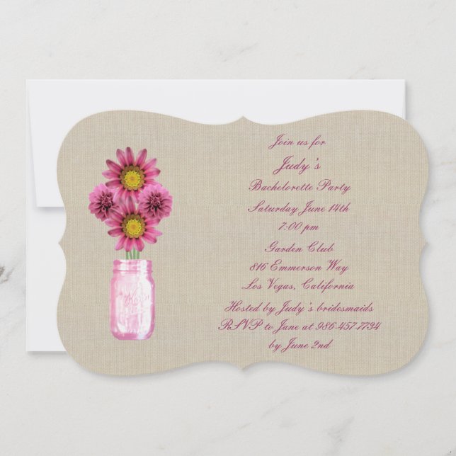Rustic Pink Mason Jars Bachelorette Party Invite (Front)