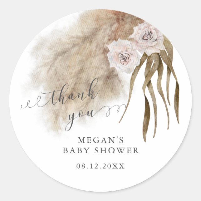 Rustic Pink Pampas Grass Baby Shower  Classic Round Sticker (Front)