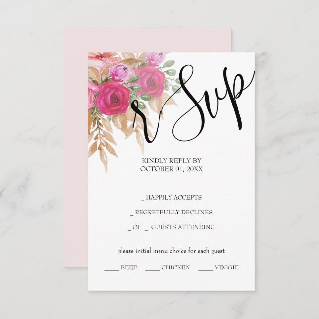 Rustic Pink Pampas Watercolor Hand-painted RSVP Card (Front/Back)