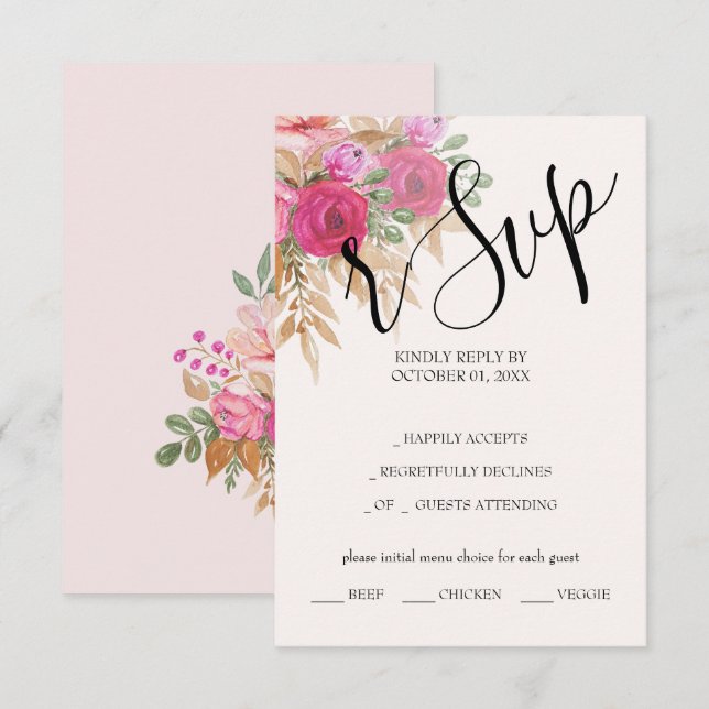 Rustic Pink Pampas Watercolor Hand-painted RSVP Card (Front/Back)