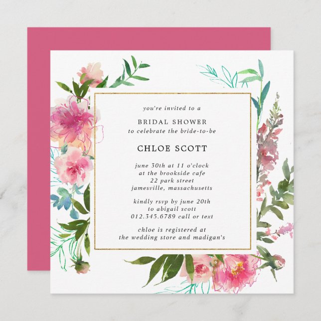 Rustic Pink Peony Floral Bridal Shower Invitation (Front/Back)