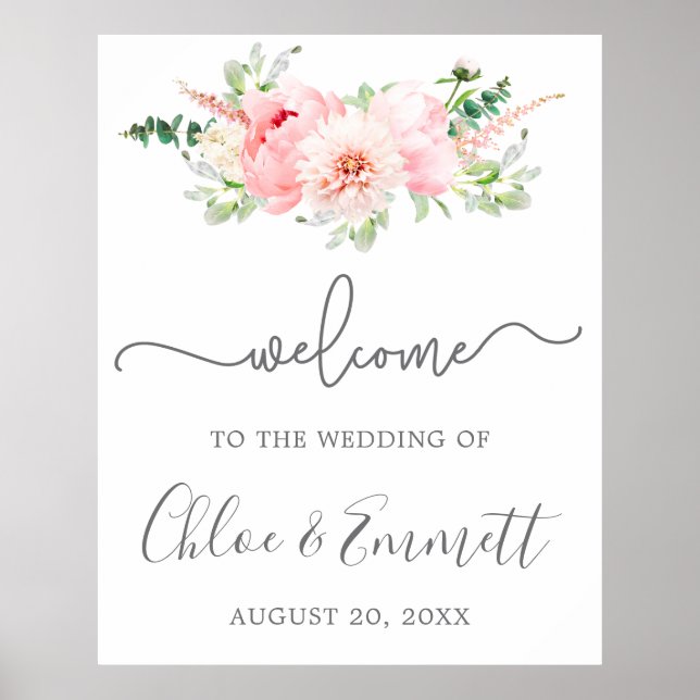 Rustic Pink Peony Floral Wedding Welcome Sign (Front)