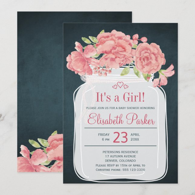 Rustic pink peony mason jar navy girl baby shower invitation (Front/Back)