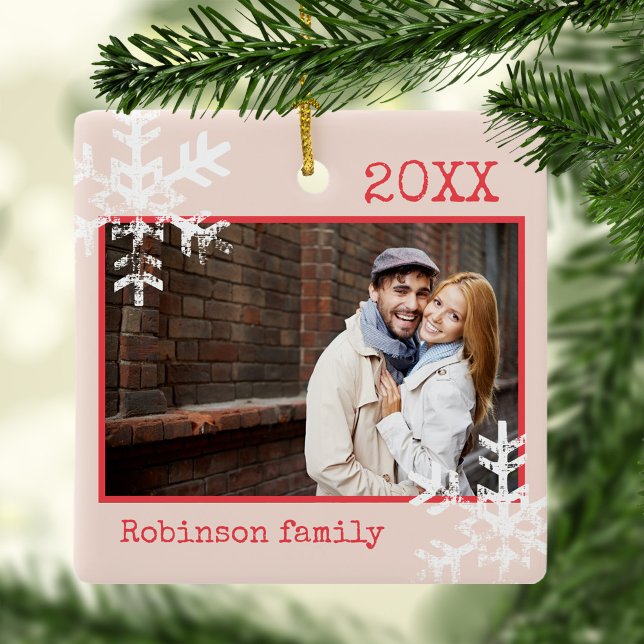 Rustic Pink Photo Ornament Snowflakes Monogram (Rustic Snowflake holiday Christmas design that can be personalized and makes a perfect keepsake.)