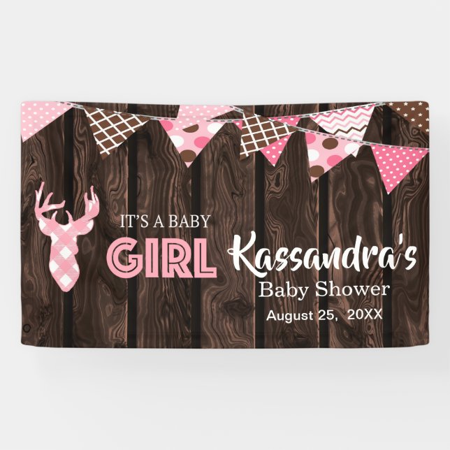 Rustic Pink Plaid Deer Baby Shower Banner (Horizontal)