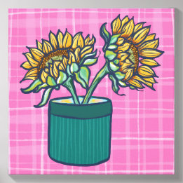 Rustic Pink Plaid Yellow Sunflower in Vase Canvas Photo Tile