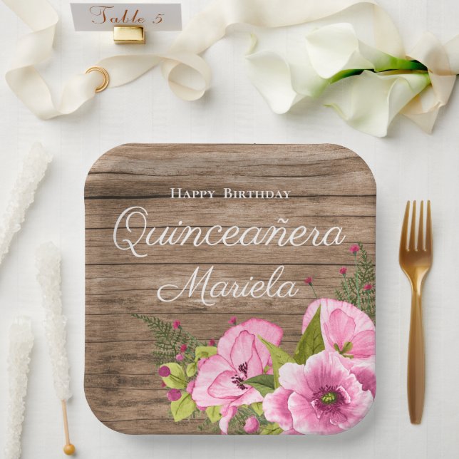 Rustic Pink Poppies Quinceañera Paper Plate (Wedding)
