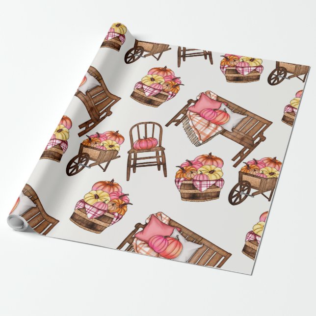 Rustic Pink Pumpkin Pattern Wrapping Paper (Unrolled)