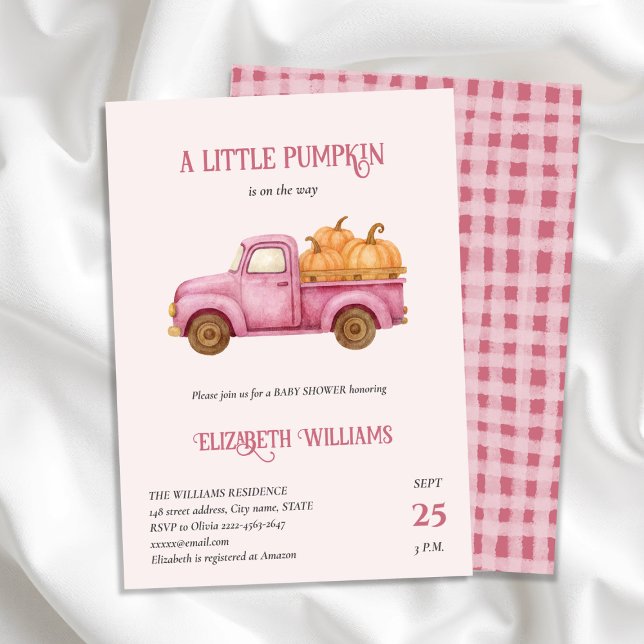 Rustic pink Pumpkin Truck Baby Shower minimalistic Invitation (A little pumpkin baby shower Invitation with Rustic Truck & Fall Charm)