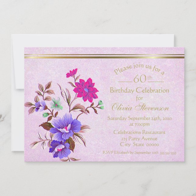 Rustic Pink & Purple Floral 60th Birthday Party Invitation (Front)