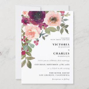Rustic Pink & Purple Watercolor Floral Wedding Invitation