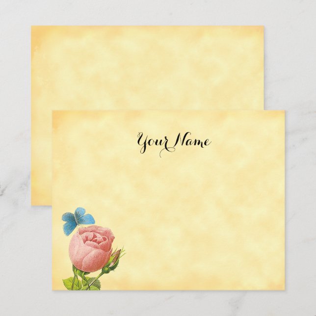 Rustic Pink Rose and Blue Moth Editable  Card (Front/Back)